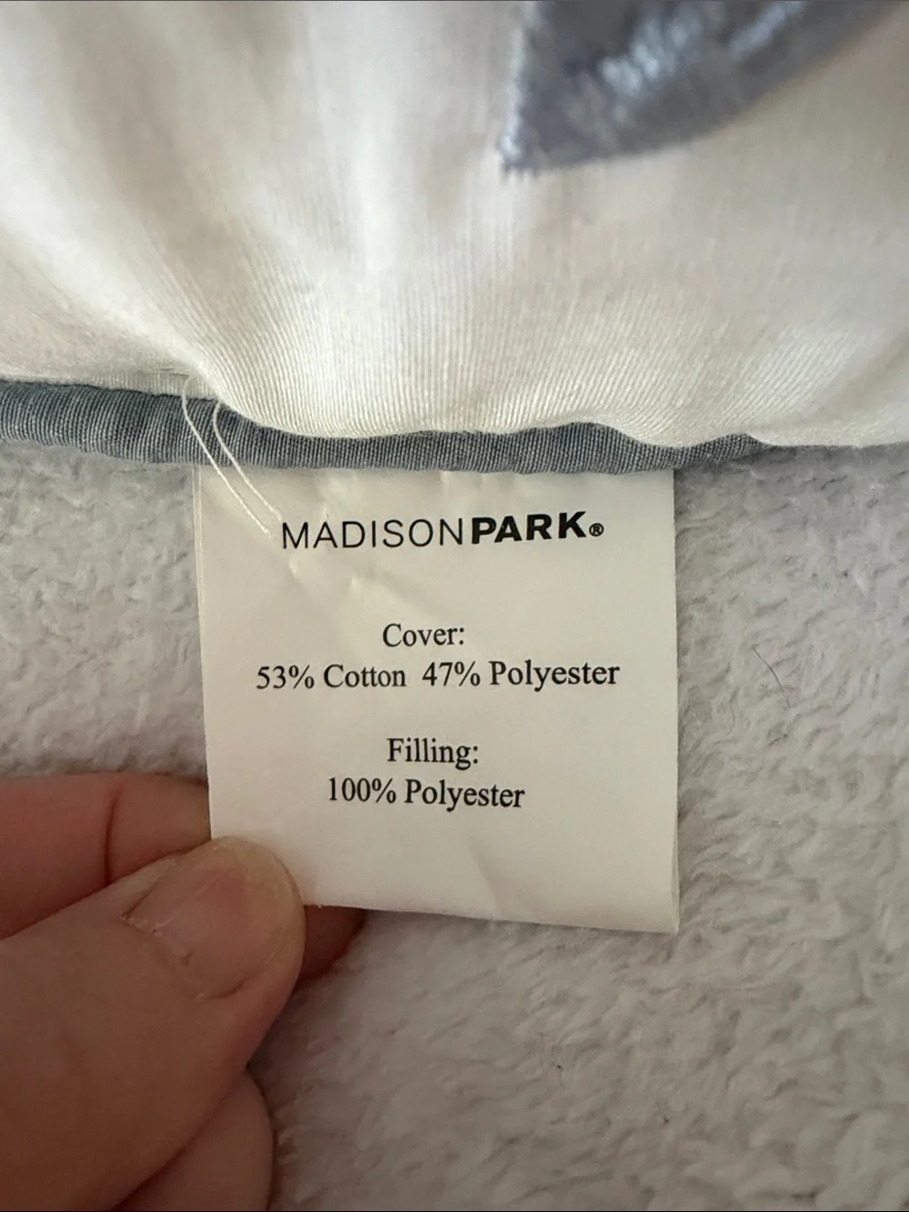 Madison Park Cream Throw Pillow with Blue and Gray Floral Embroidery